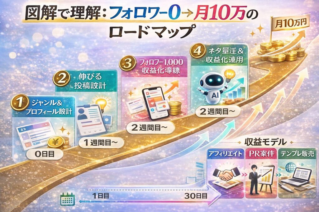 図解で理解:フォロワー0→月10万のロードマップ